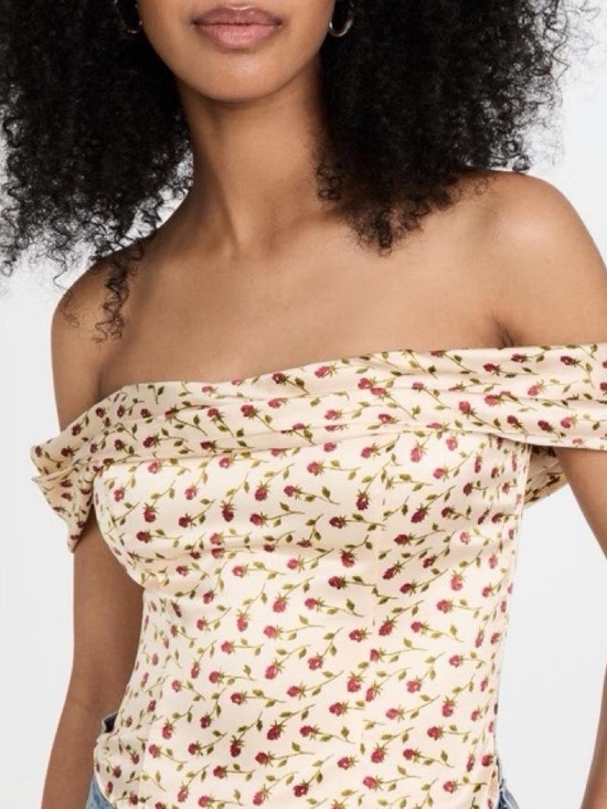 Reformation Lux Silk Off Shoulder Corset Top in Rose Print - 0